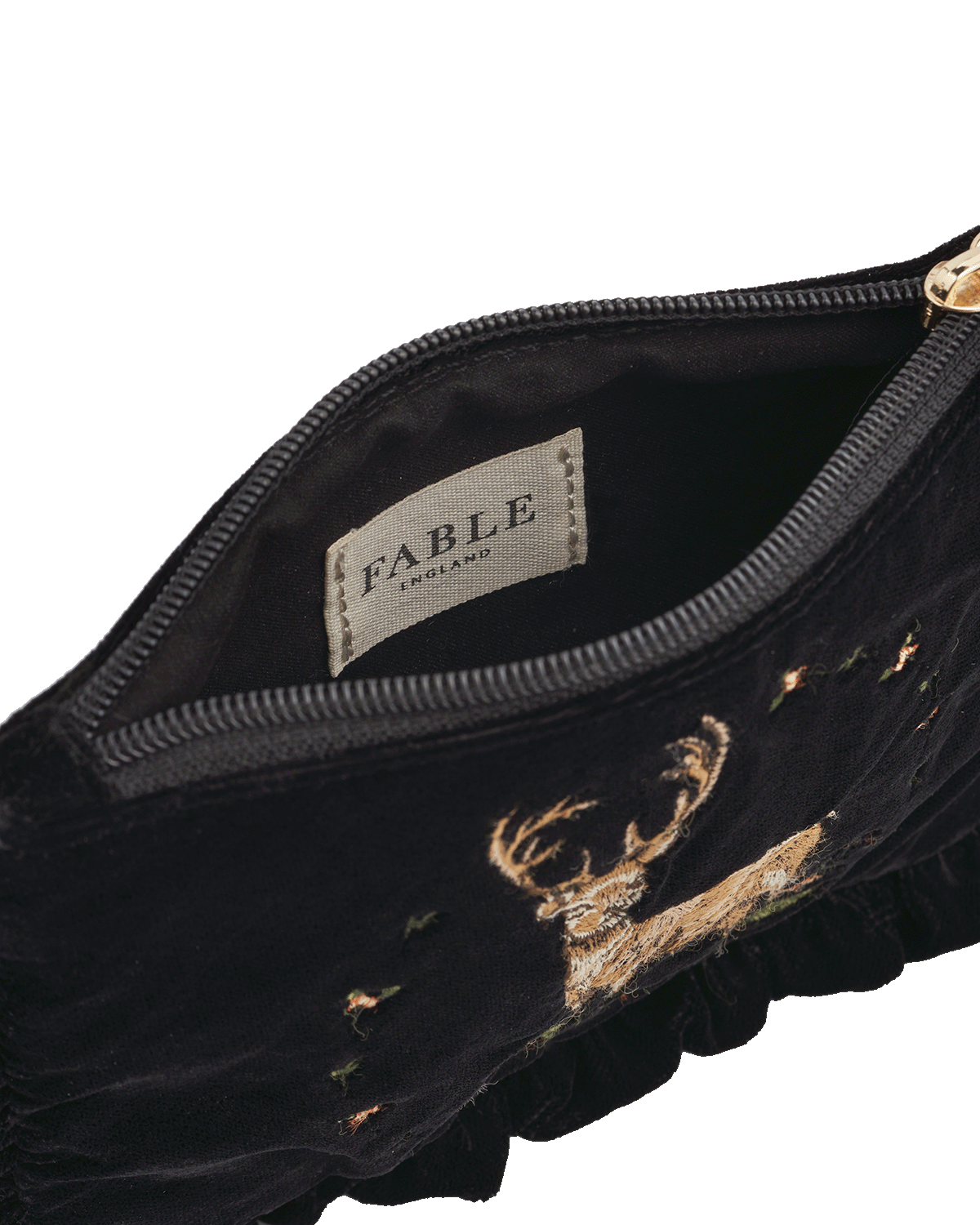 Black pouch with deer embroidery and 'Fable England' label on a white background