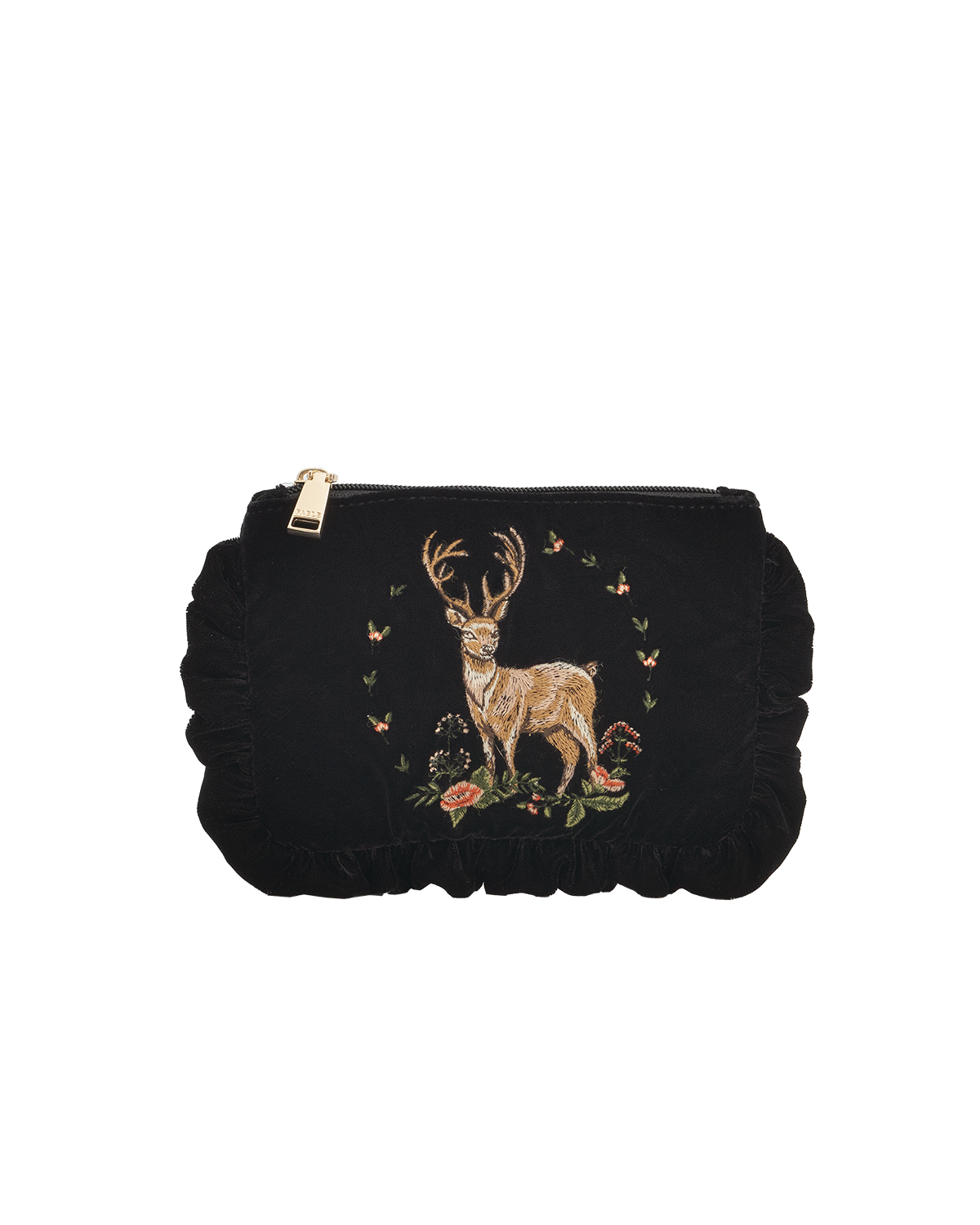 Black pouch with embroidered deer design on a white background