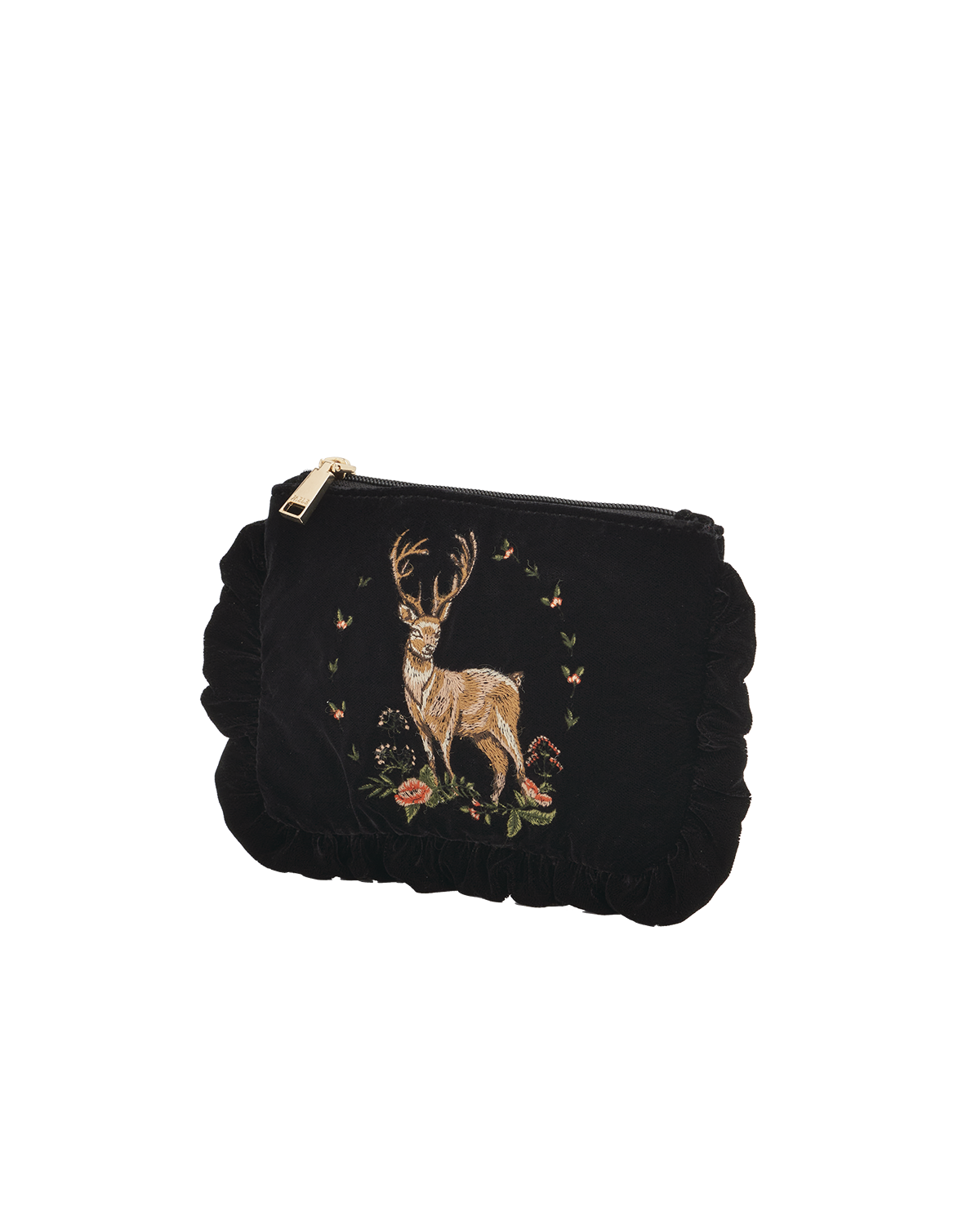 Black pouch with deer design on a white background