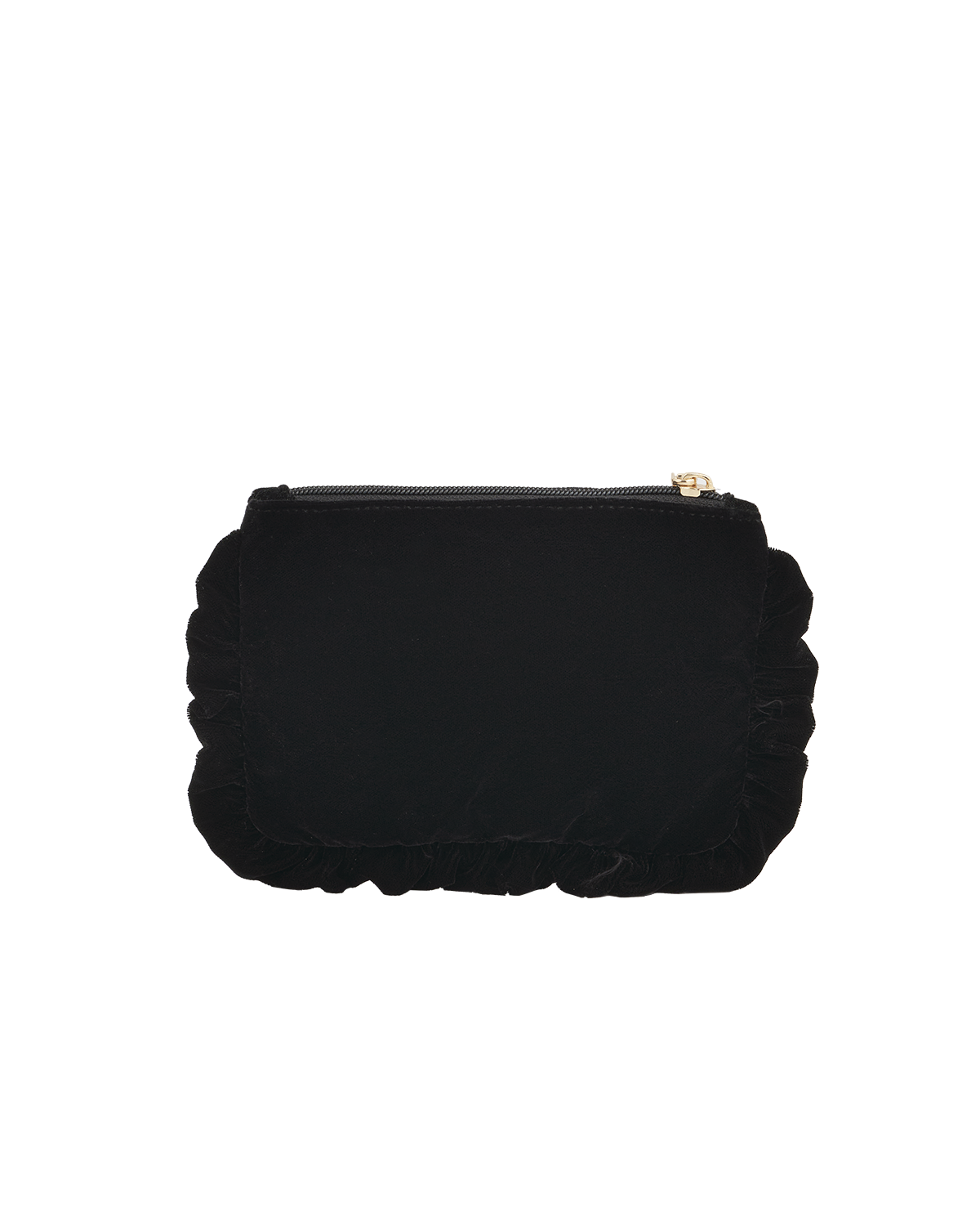 Black velvet pouch with ruffled edge on a white background