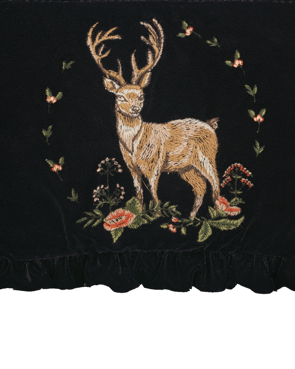 Embroidered deer design on a black background with flowers and butterflies.