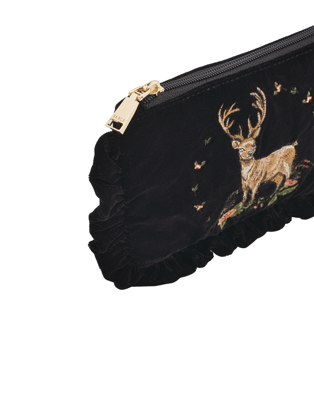 Black pouch with embroidered deer design on a white background
