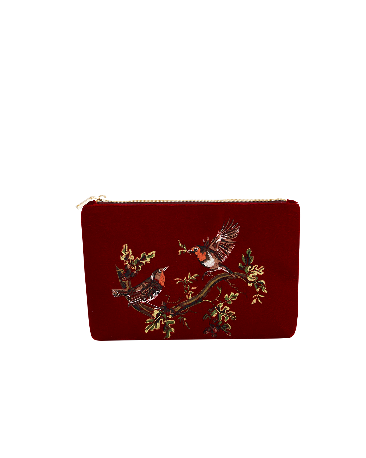 Red pouch with bird and branch design on a white background