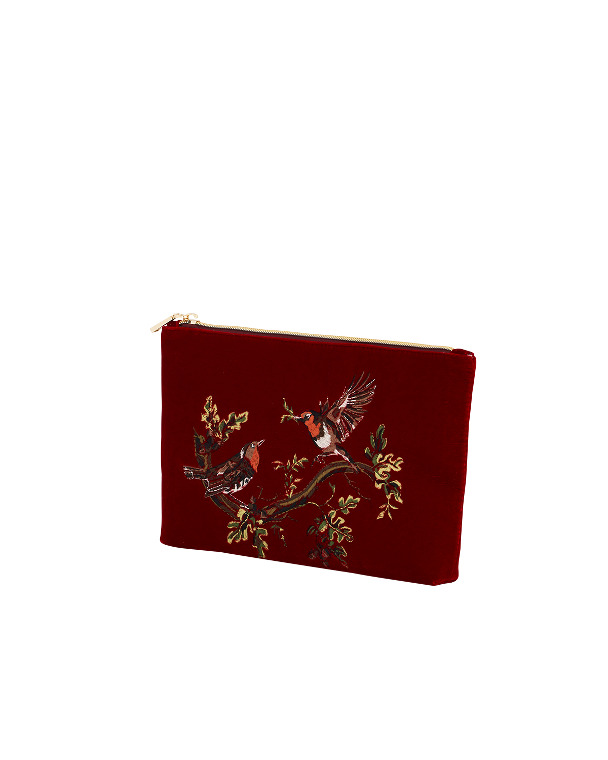 Red pouch with bird design on a white background