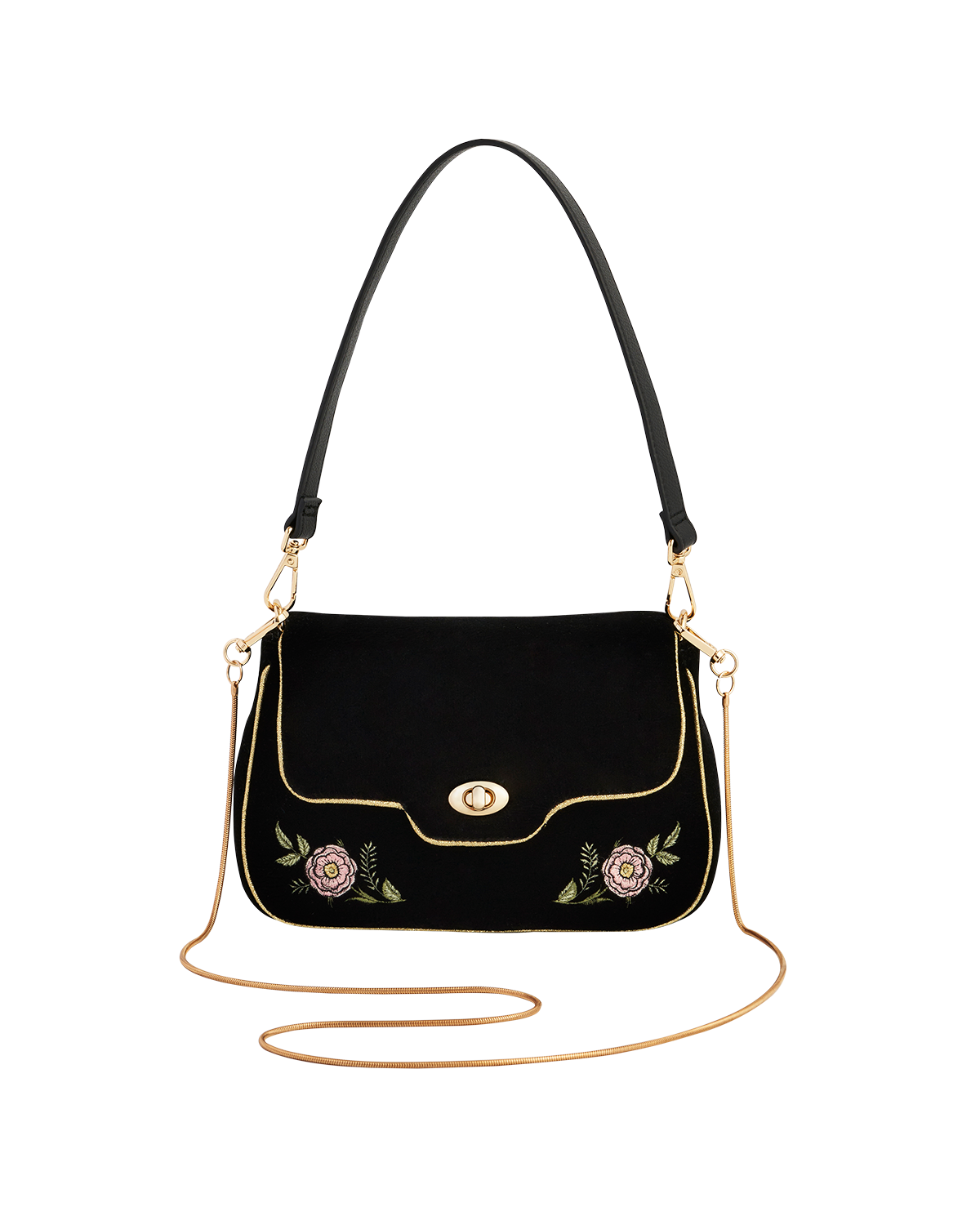 Black handbag with floral embroidery on a white background