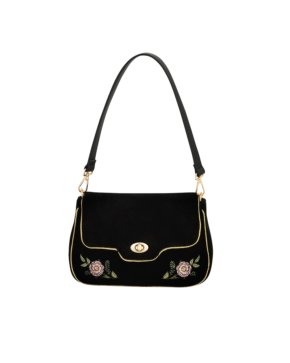 Black handbag with floral embroidery on a white background