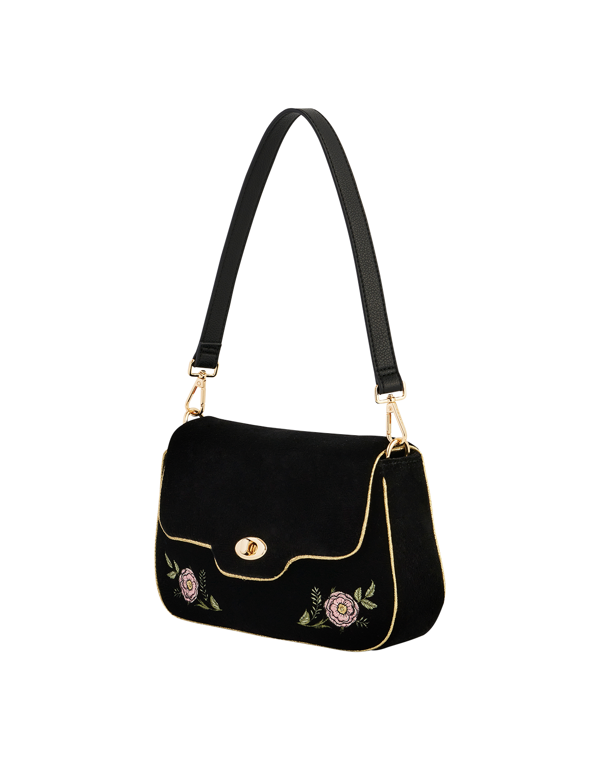 Black handbag with floral embroidery on a white background