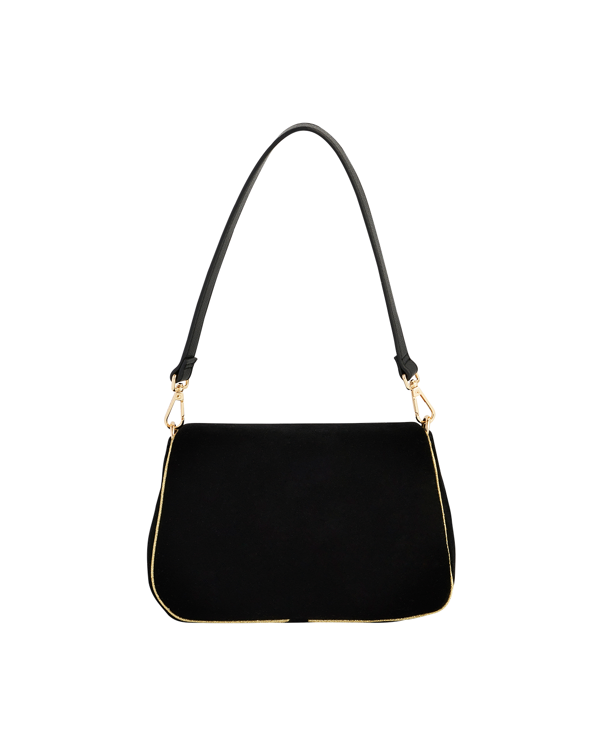 Black handbag with gold accents on a white background