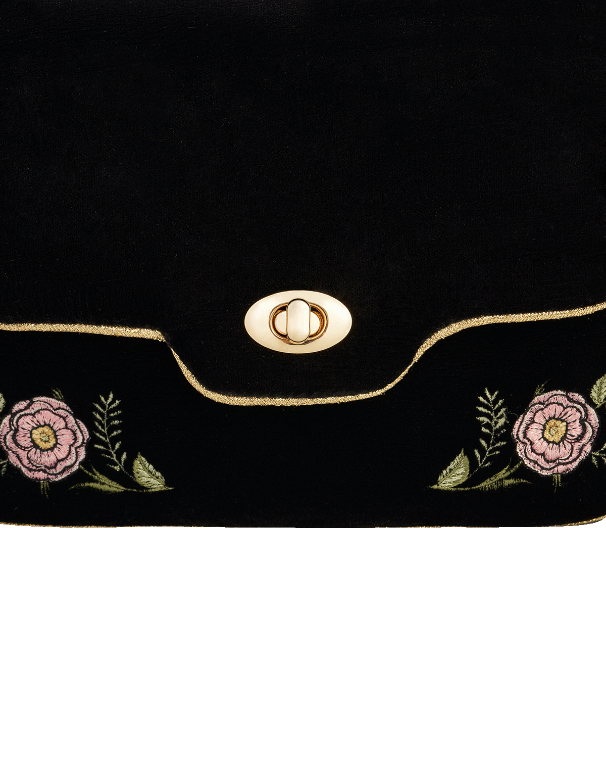 Black clutch bag with floral embroidery and a gold clasp on a white background