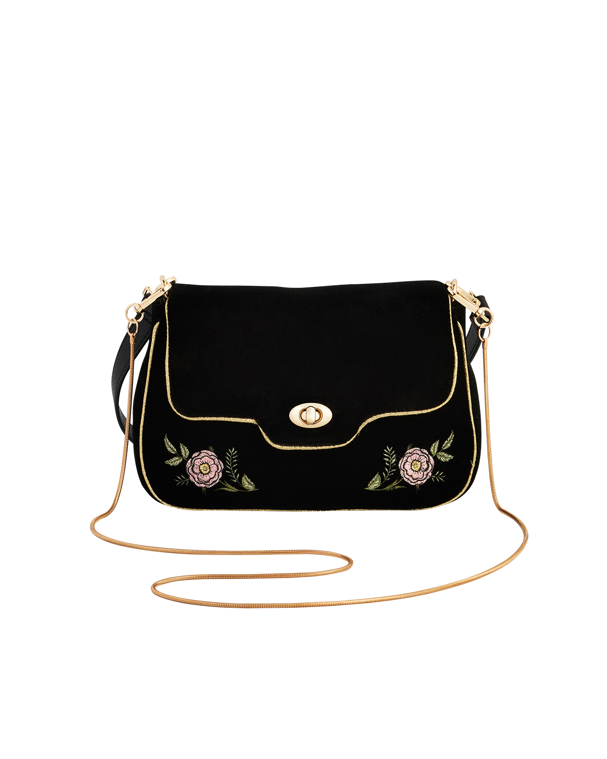 Black handbag with floral embroidery and a gold chain strap on a white background