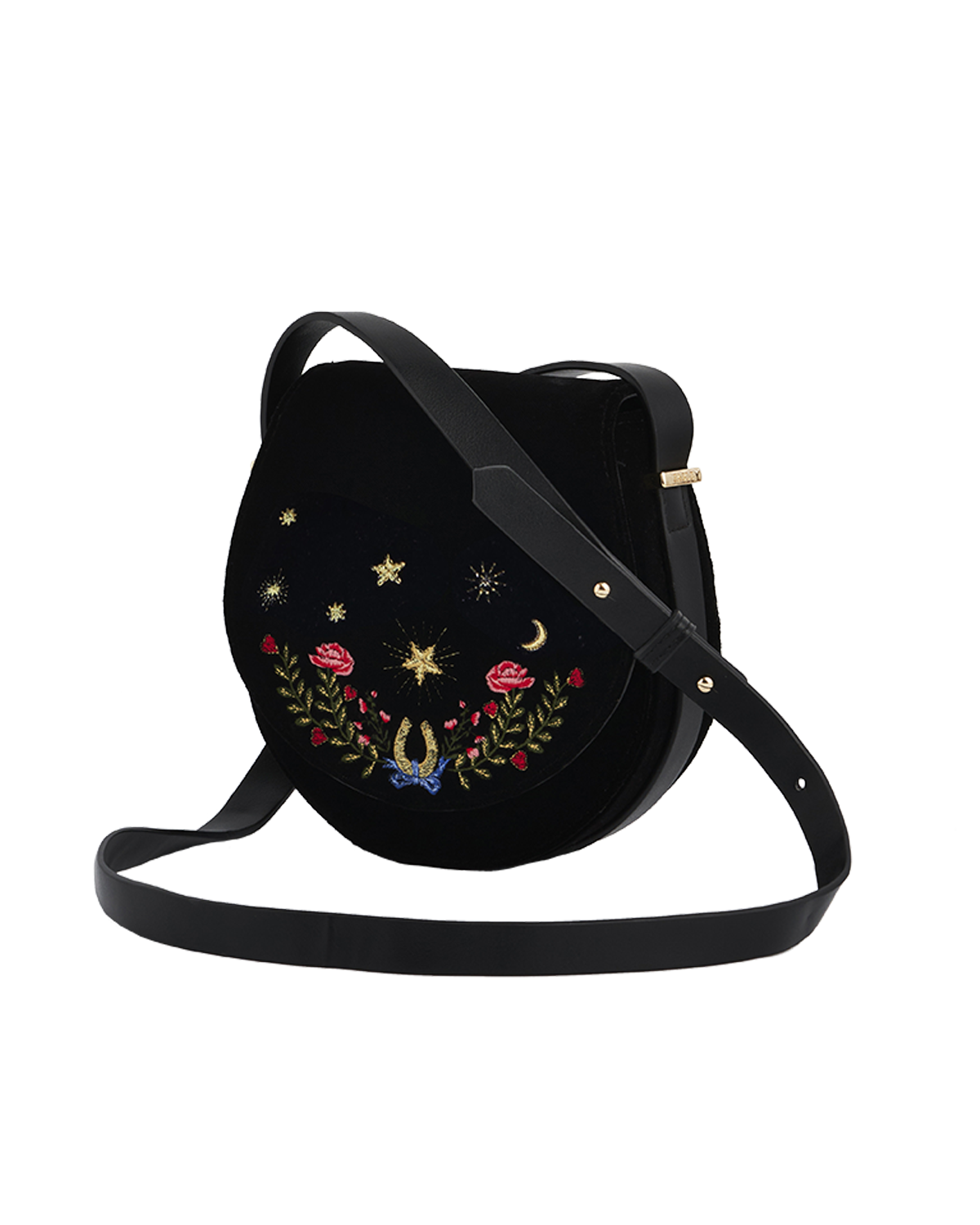 Black round bag with embroidered floral and star design on a white background