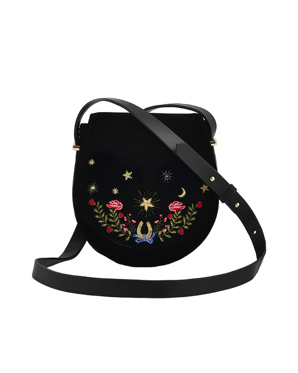Black handbag with floral and star embroidery on a white background