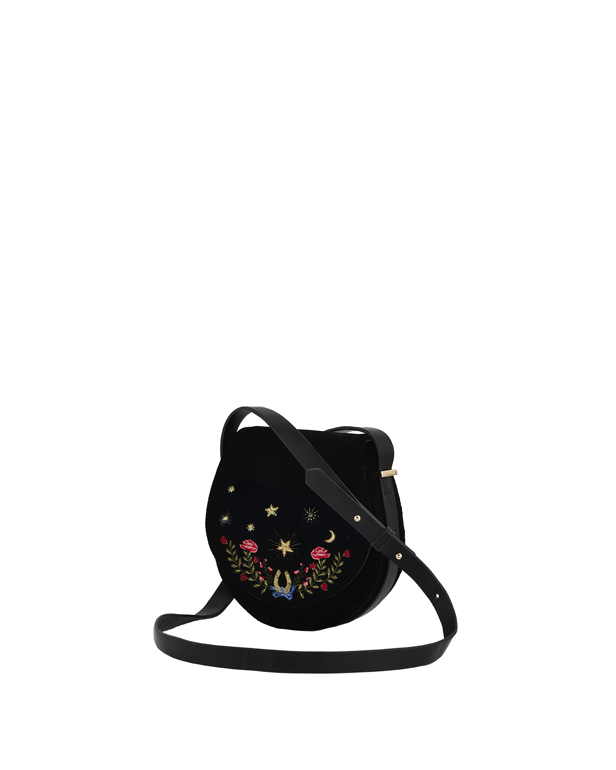 Black velvet saddle bag with floral and star design on a white background