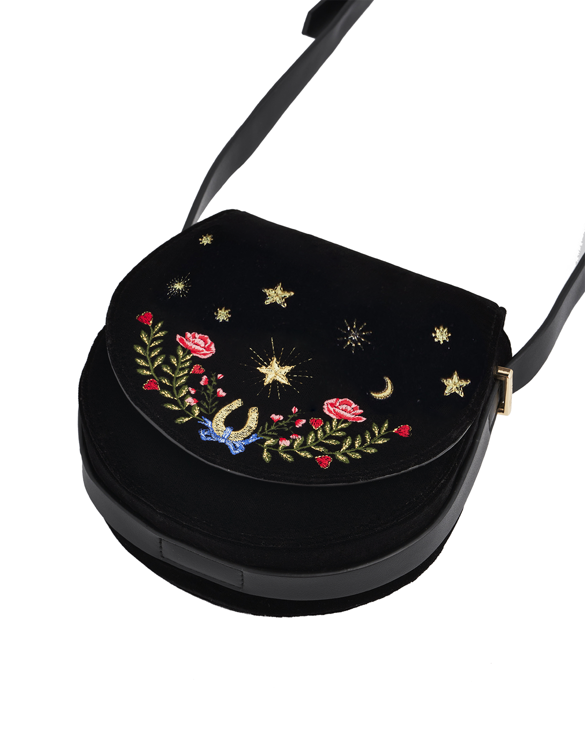 Black handbag with colorful embroidery on a white background