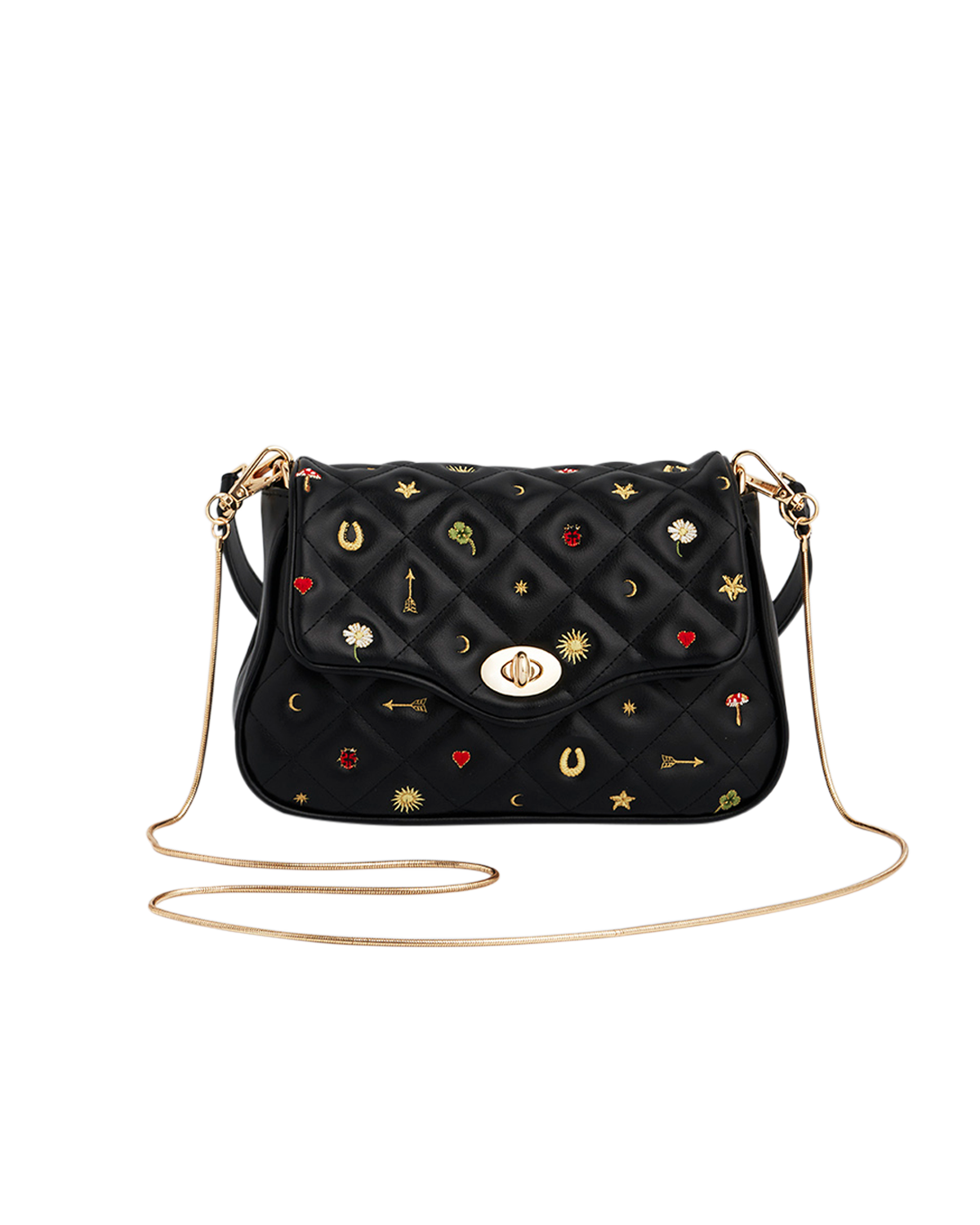 Black quilted handbag with decorative studs on a white background