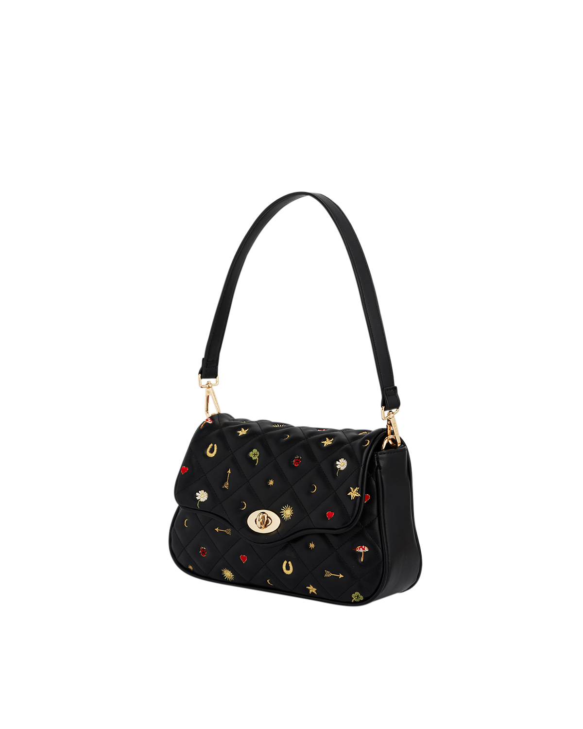 Black handbag with decorative elements on a white background