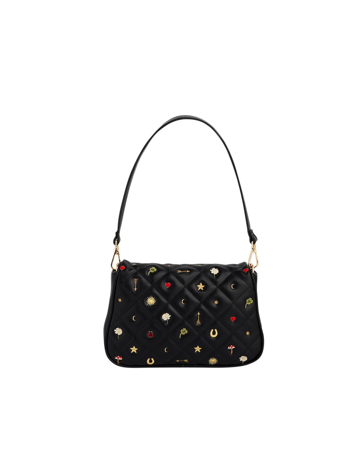 Black quilted handbag with celestial embroidered motifs on a white background