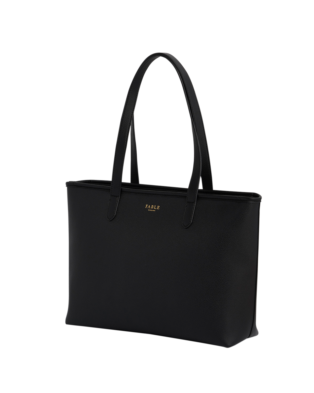 Black tote bag with 'Fable' logo on a white background