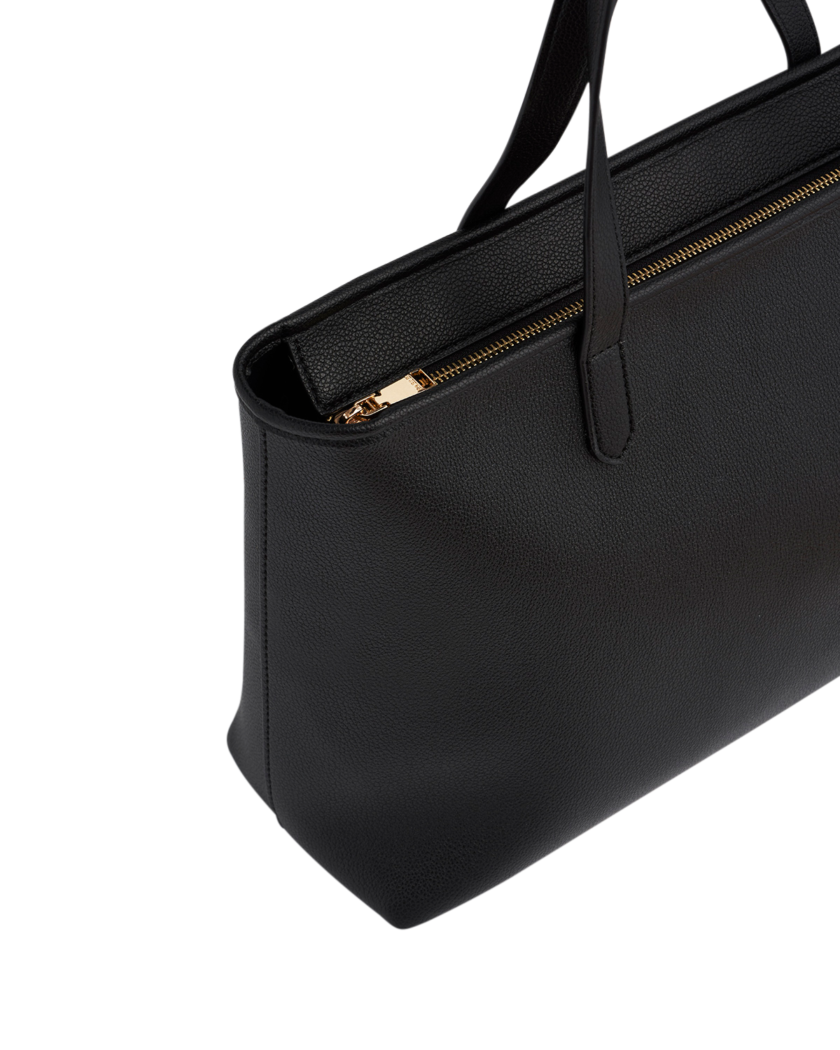 Black handbag with a gold zipper on a white background