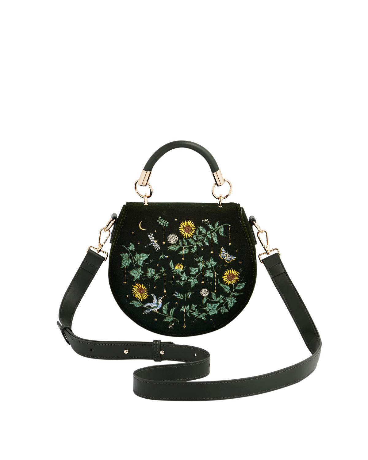 Green handbag with floral embroidery on a white background