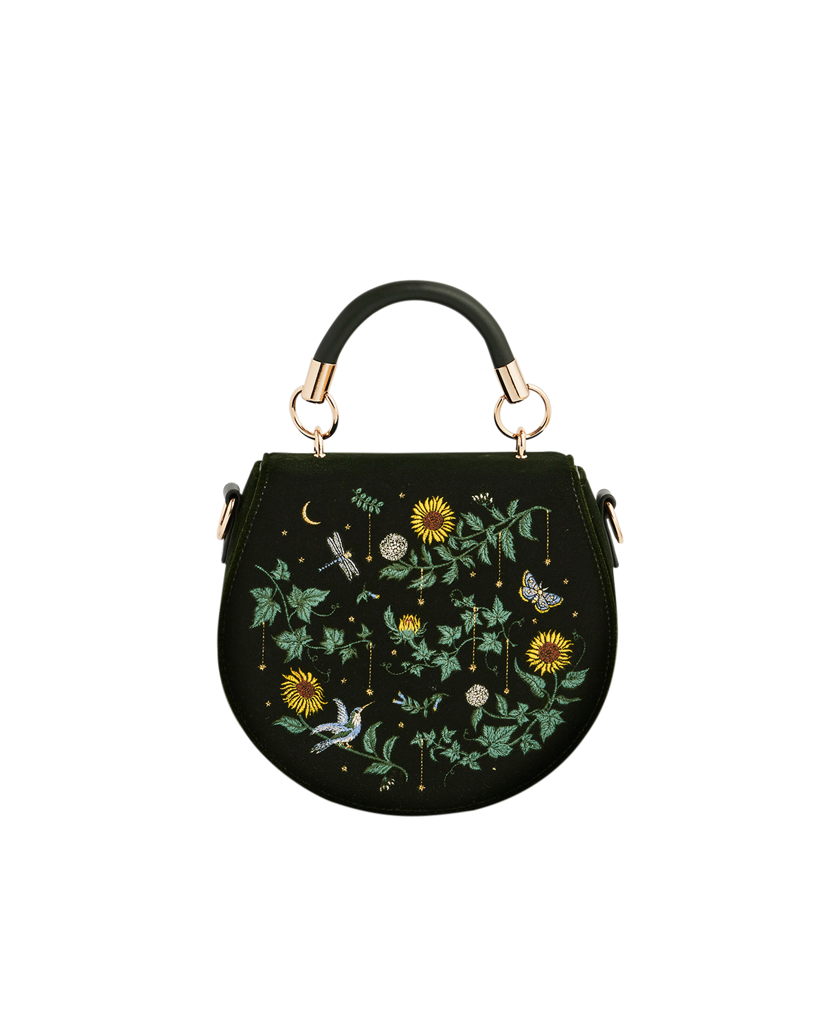 dark green velvet floral embroidered bad with handle