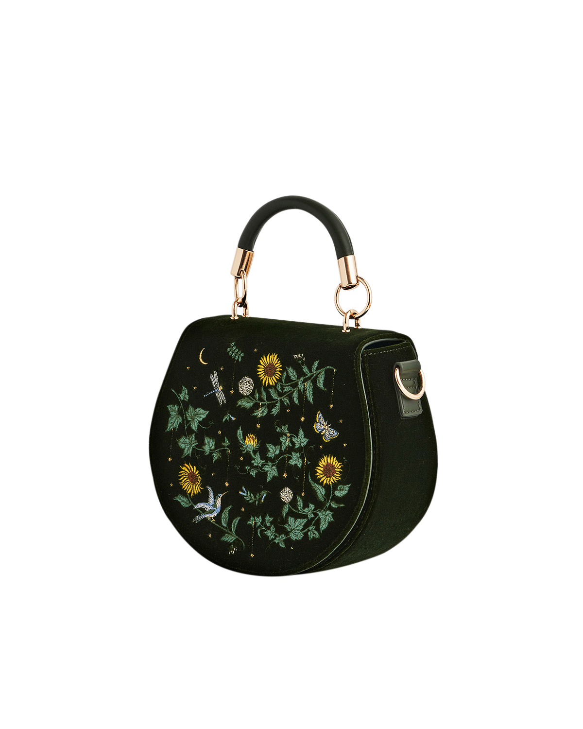Green handbag with floral embroidery on a white background