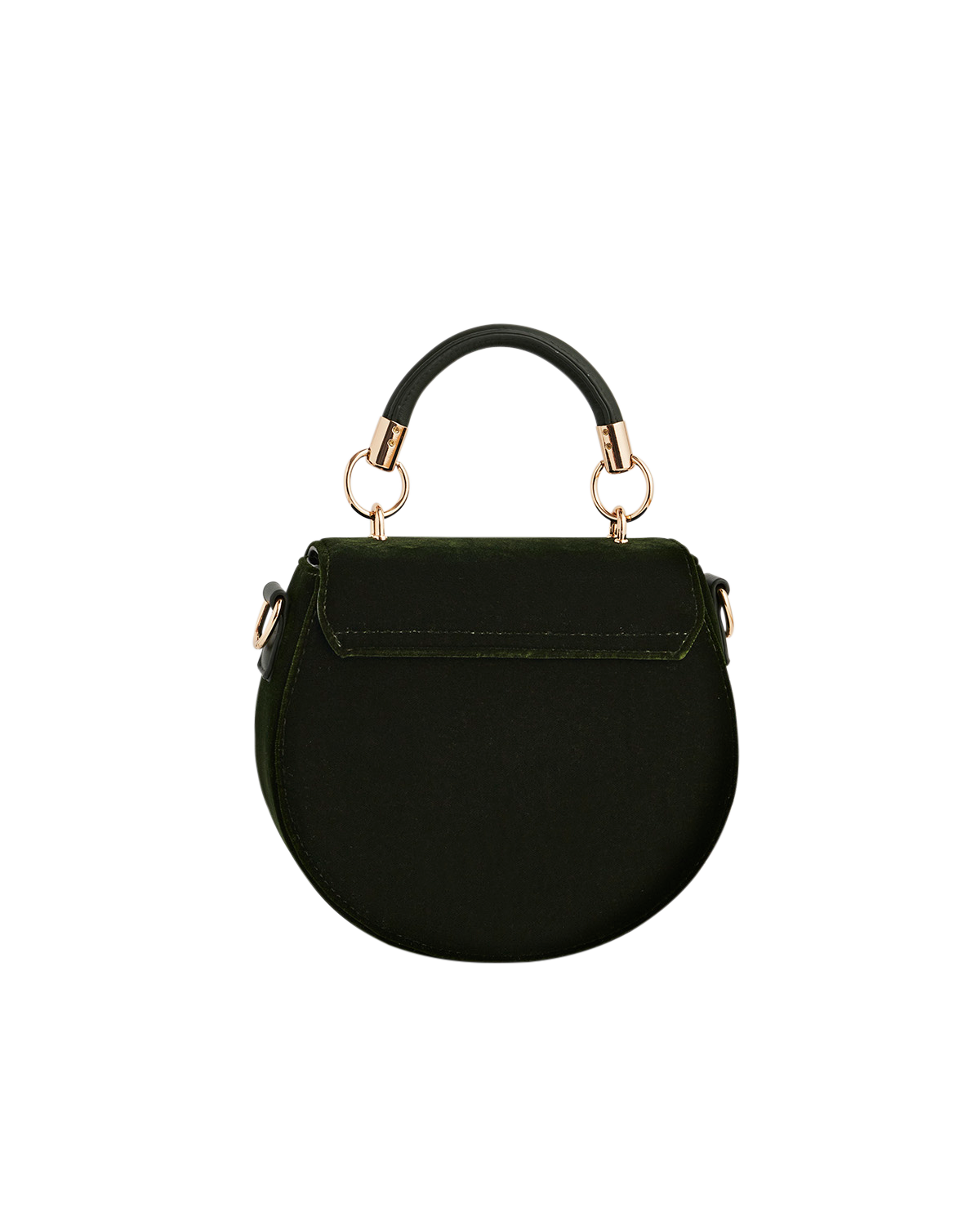 Green handbag with gold handle strap on a white background