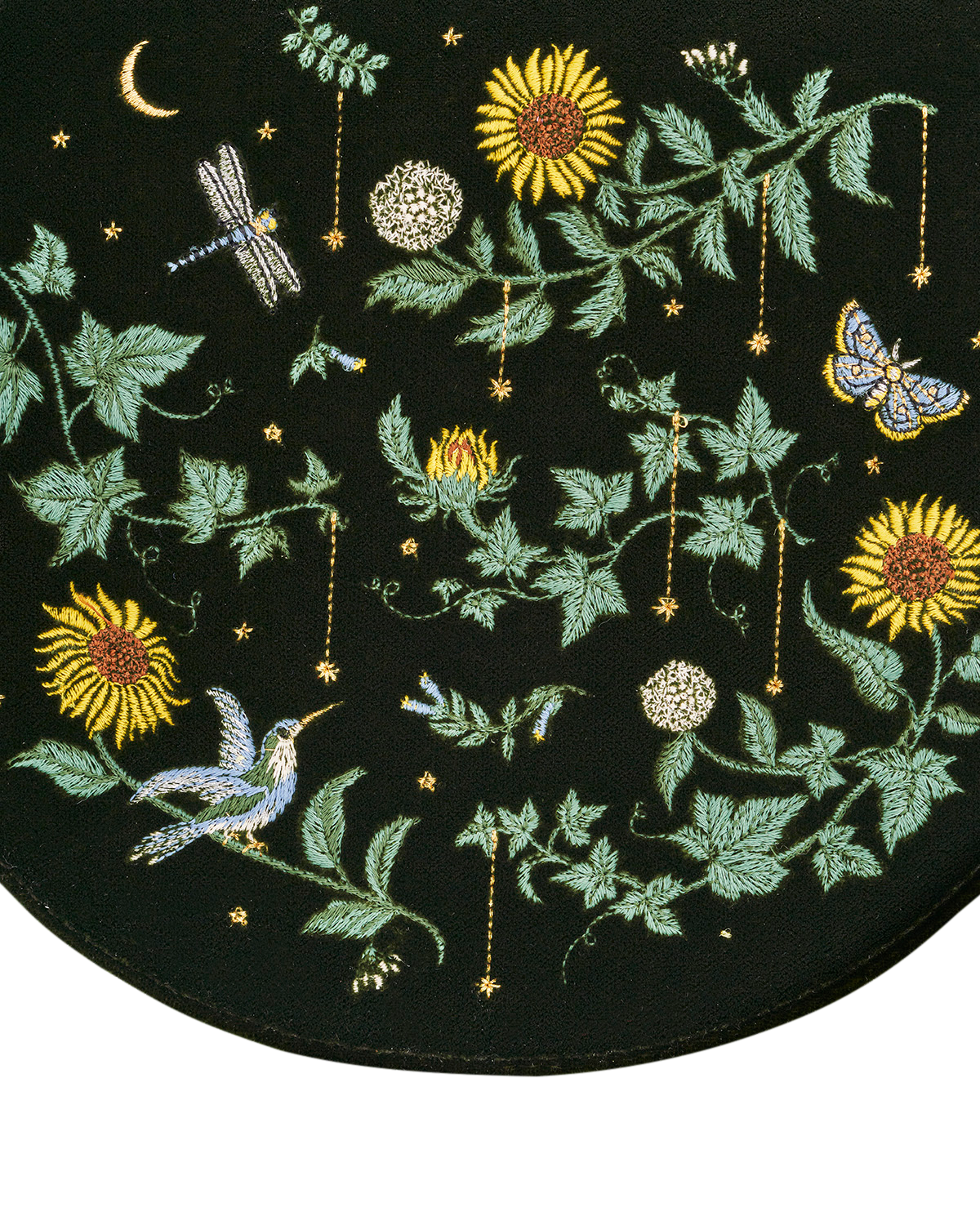 Embroidered design on a  background featuring flowers, leaves, and insects.reen