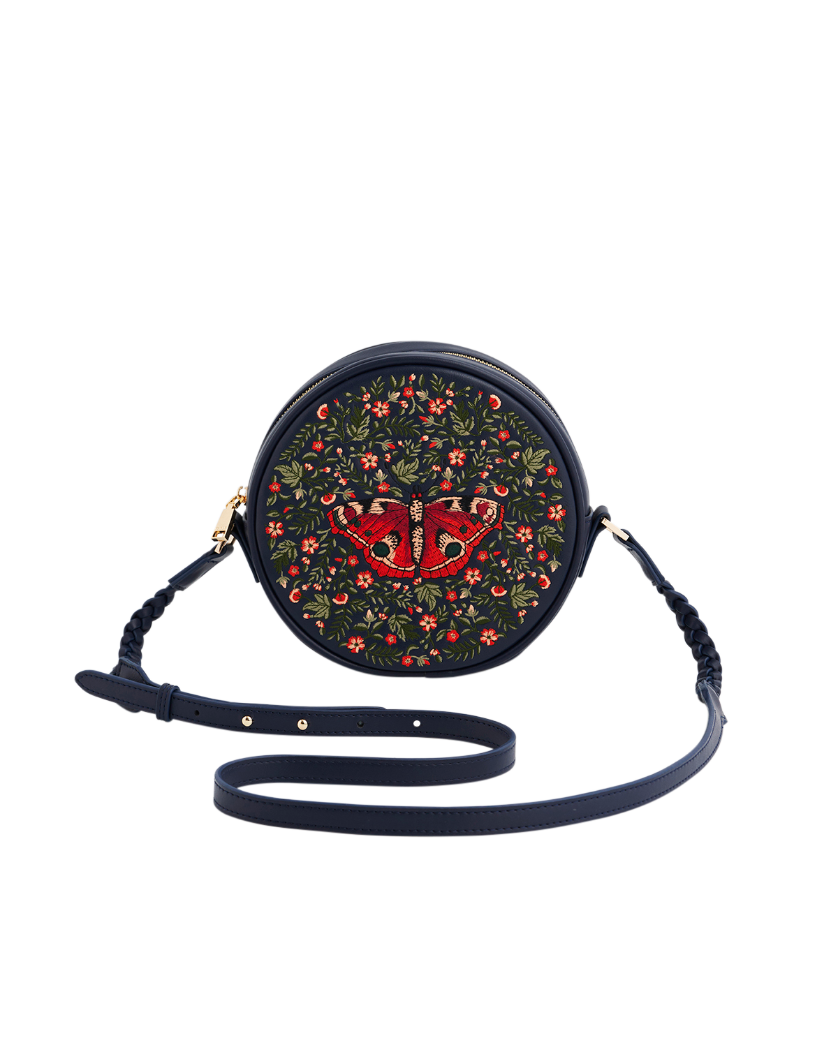 Round butterfly and floral embroidered bag with a strap on a white background