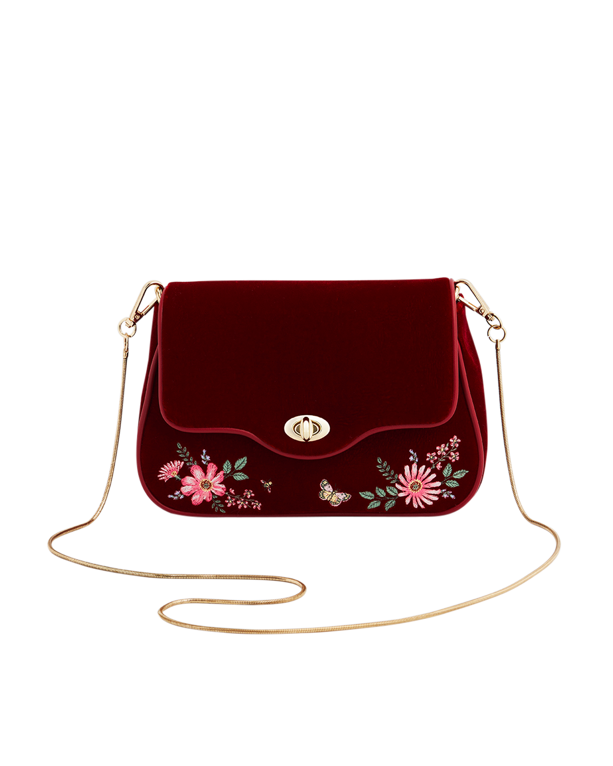 Red velvet bag with pink embroidered flowers and gold snake chain shoulder strap