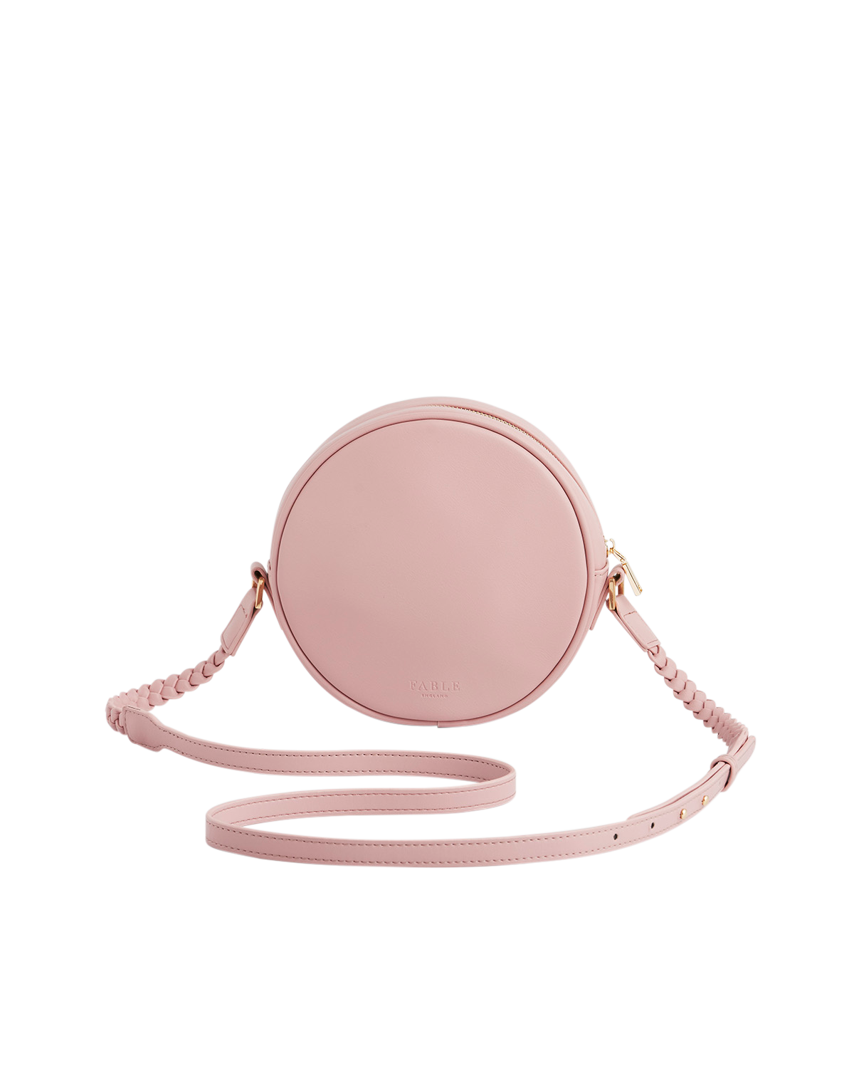Pink round crossbody bag on a white background