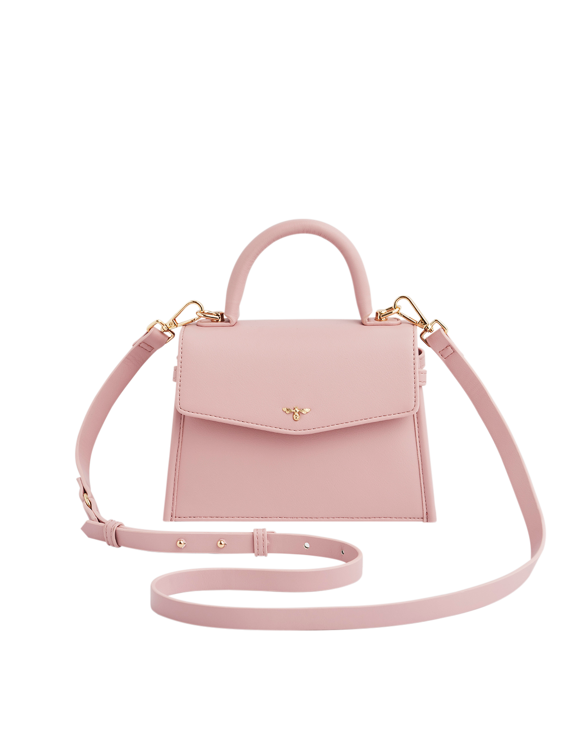 Pink handbag with a strap on a white background