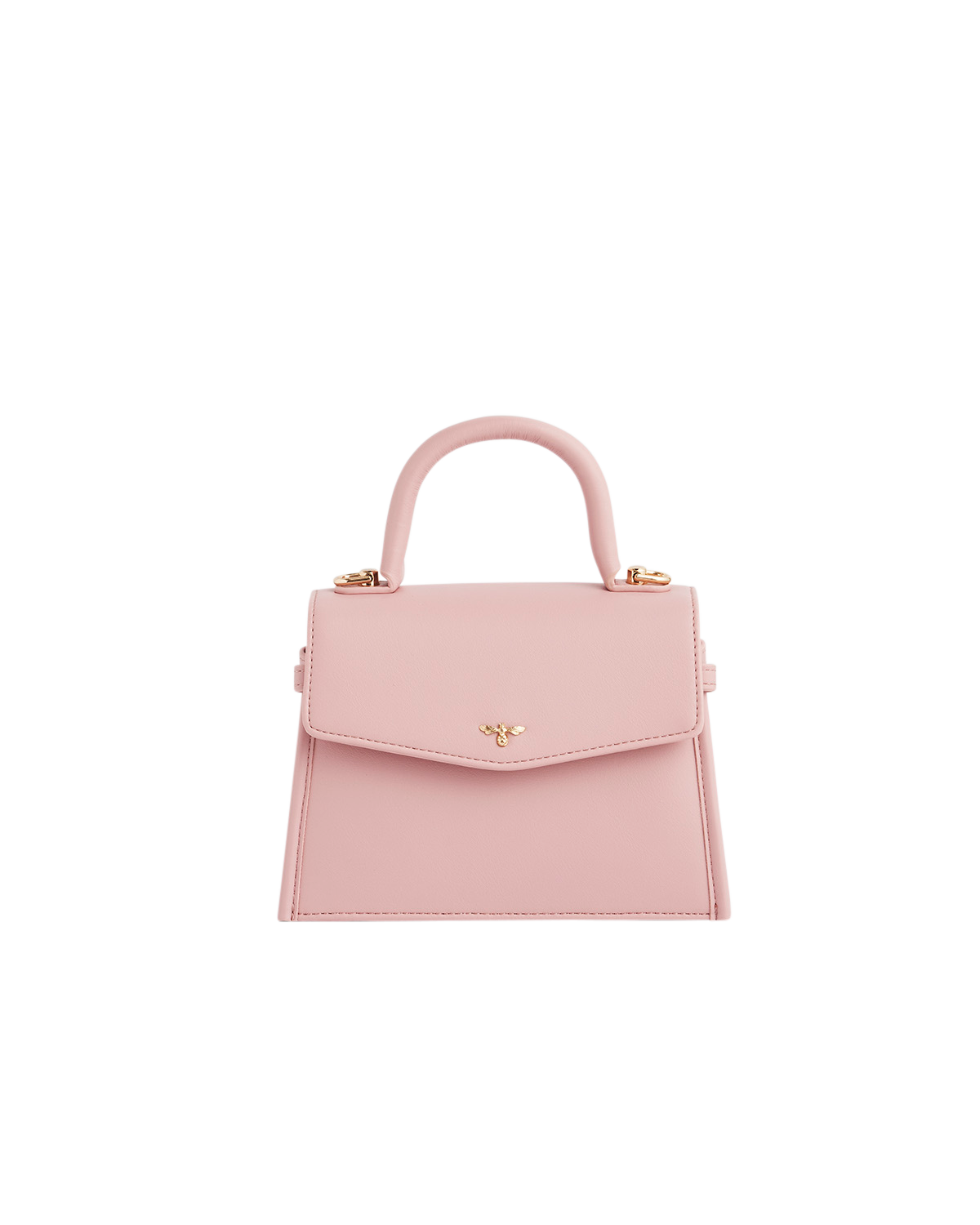Pink handbag with gold accents on a white background
