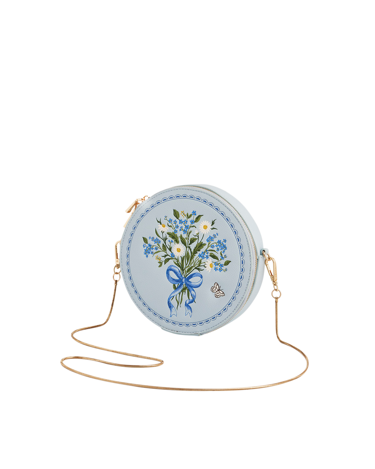 Round crossbody bag with floral design and blue bow on a white background