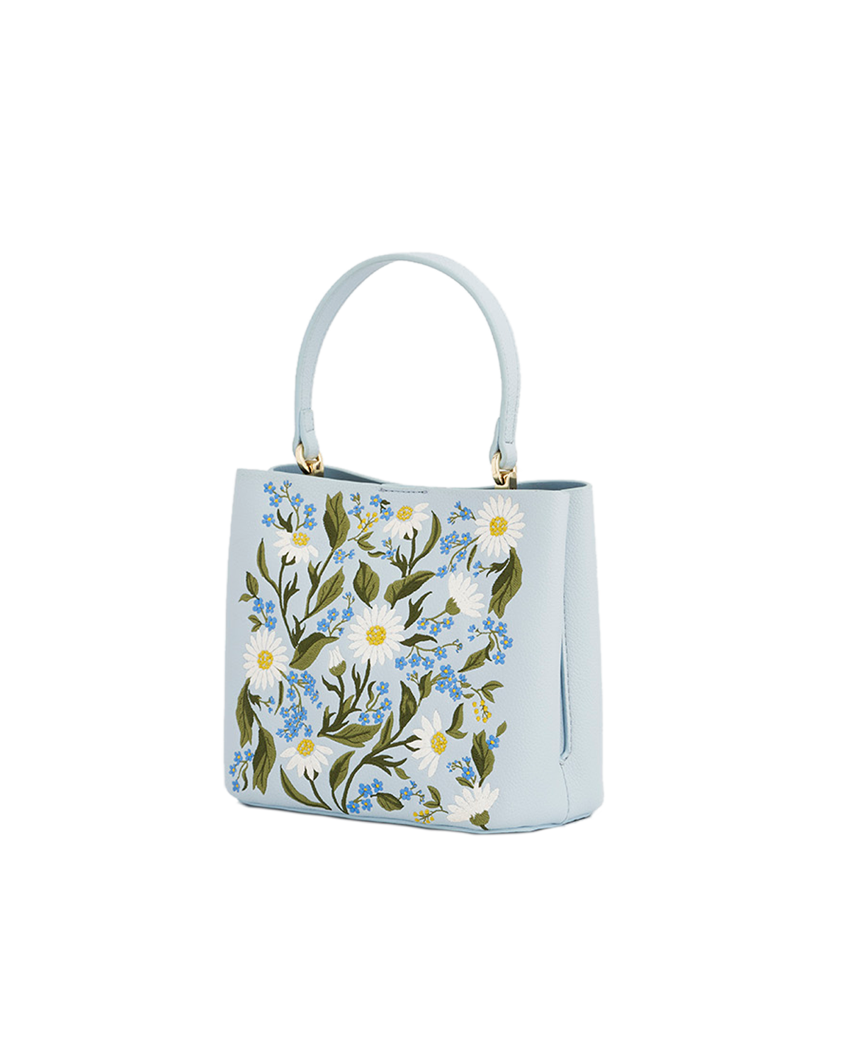 angle of blue daisy embroidered bucket bag
