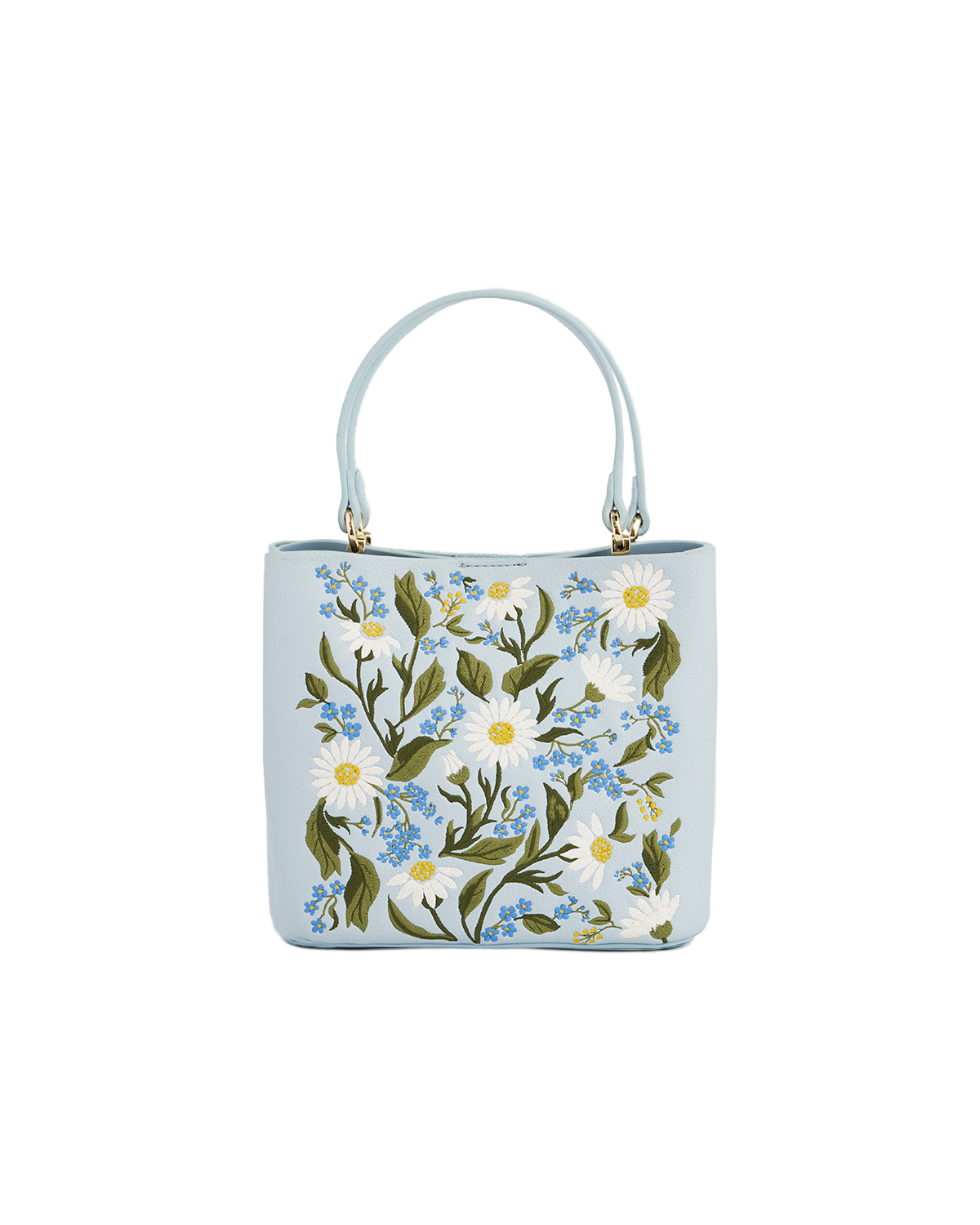 Blue daisy embroidered bucket bag
