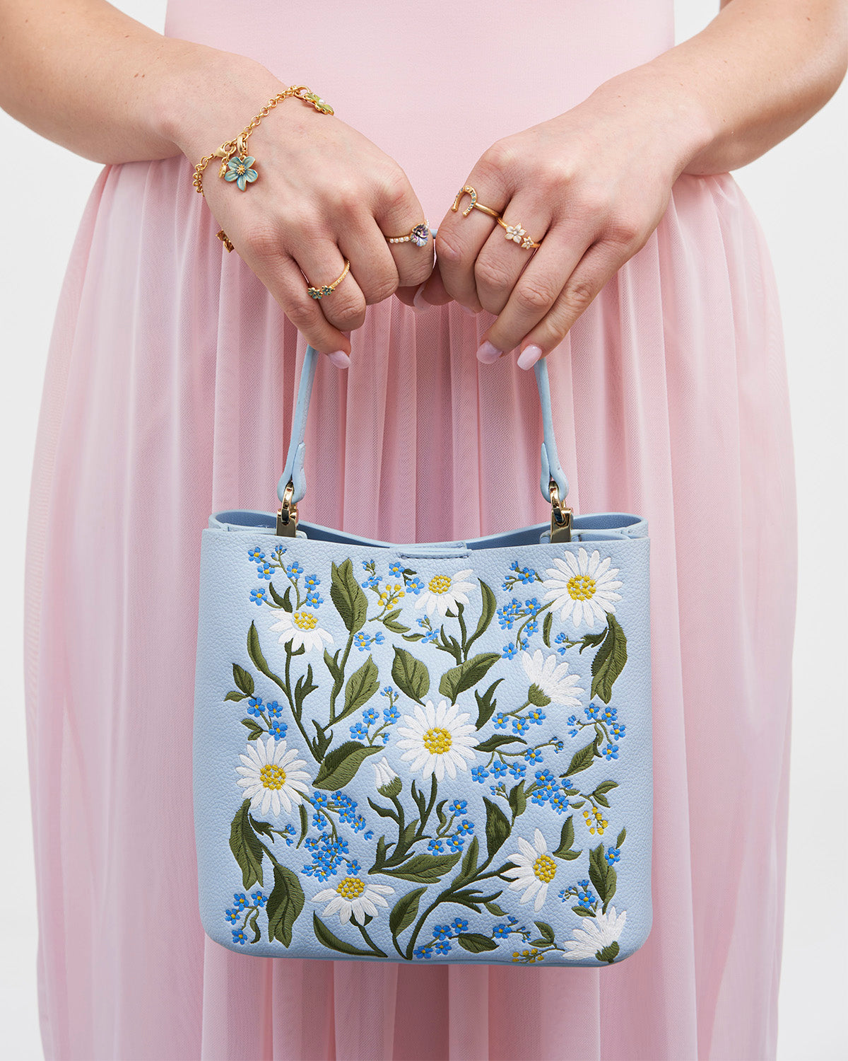 Emma Forget Me Not Blue Embroidered Bucket Bag Fable England Women's Handbag Emma Forget Me Not Blue Embroidered Bucket Bag Fable England Women's Handbag