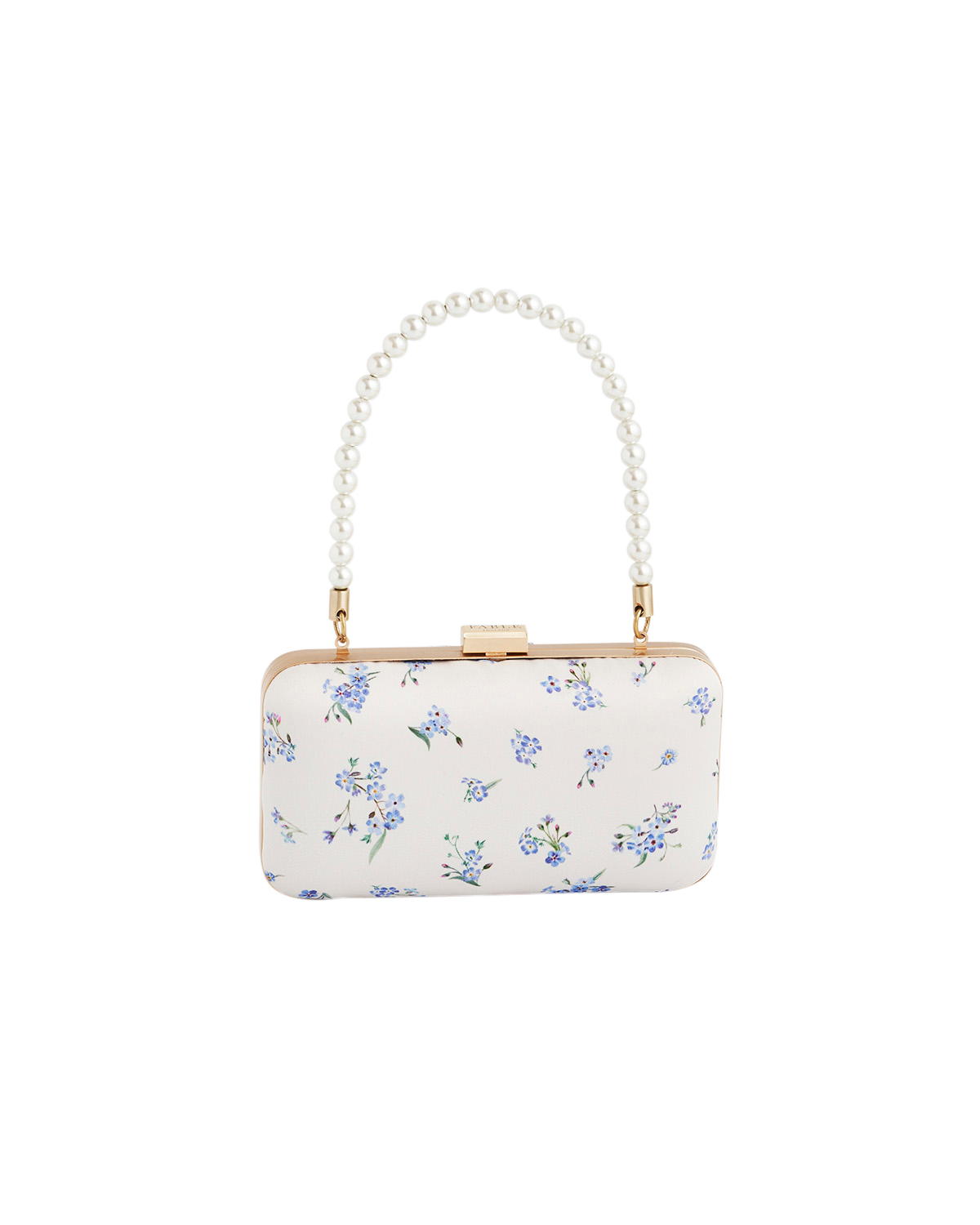 Floral-patterned handbag with a pearl handle on a white background