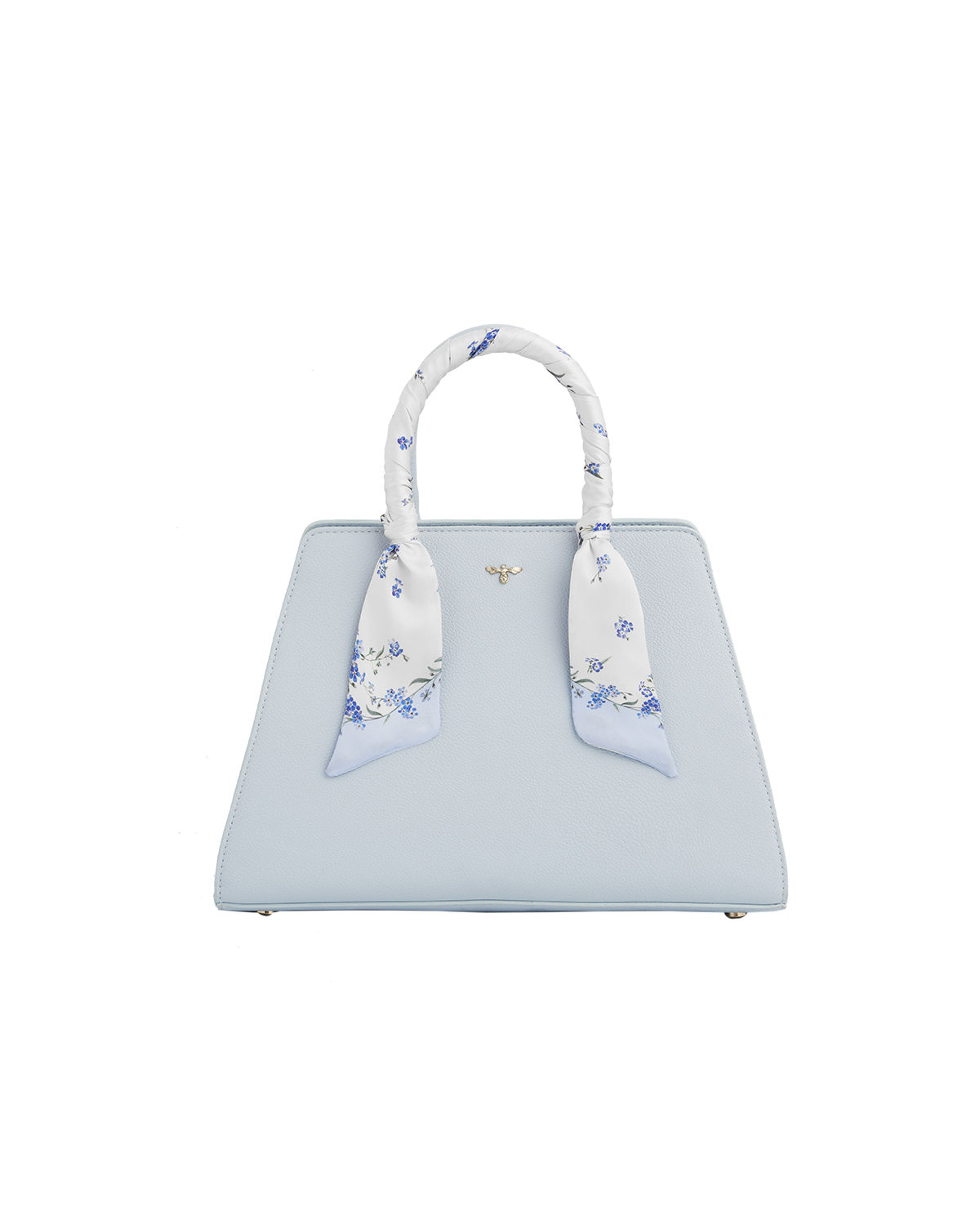 Light blue handbag with floral handle on a white background