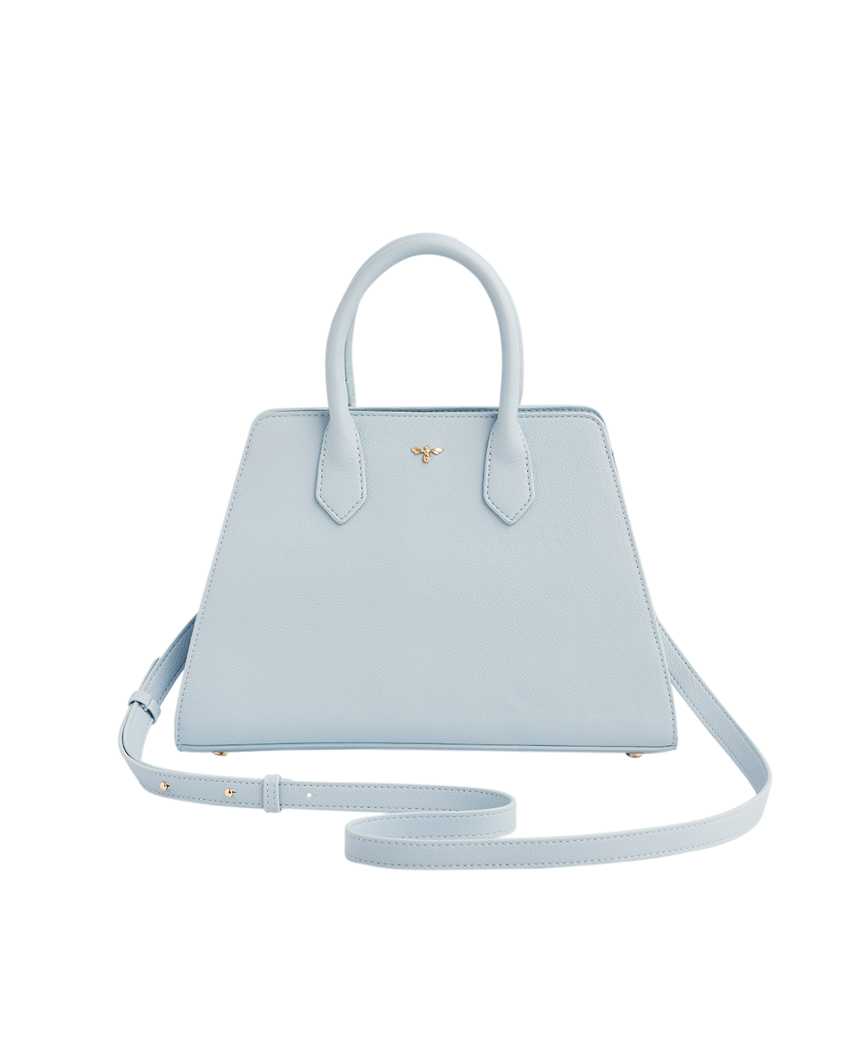 Light blue handbag with a strap on a white background