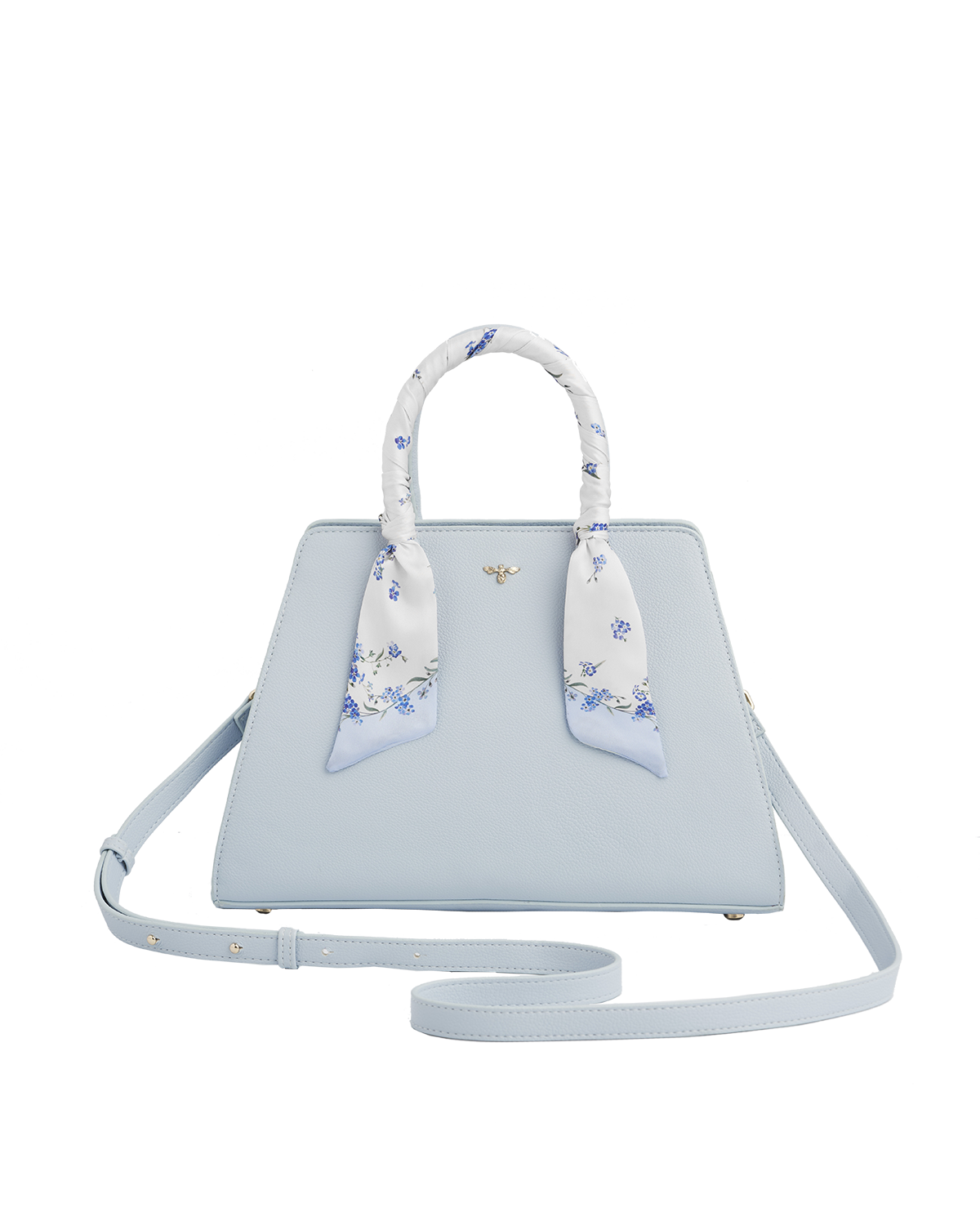 Light blue handbag with floral handles on a white background