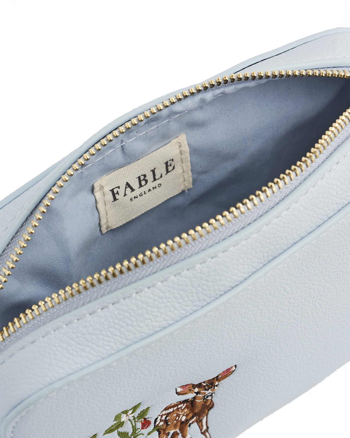 inside light blue bag with fable label