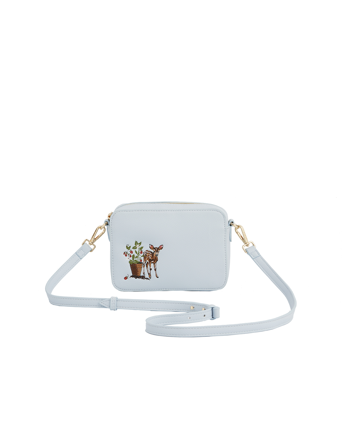 blue camera bag with strawberry and fawn embroidery