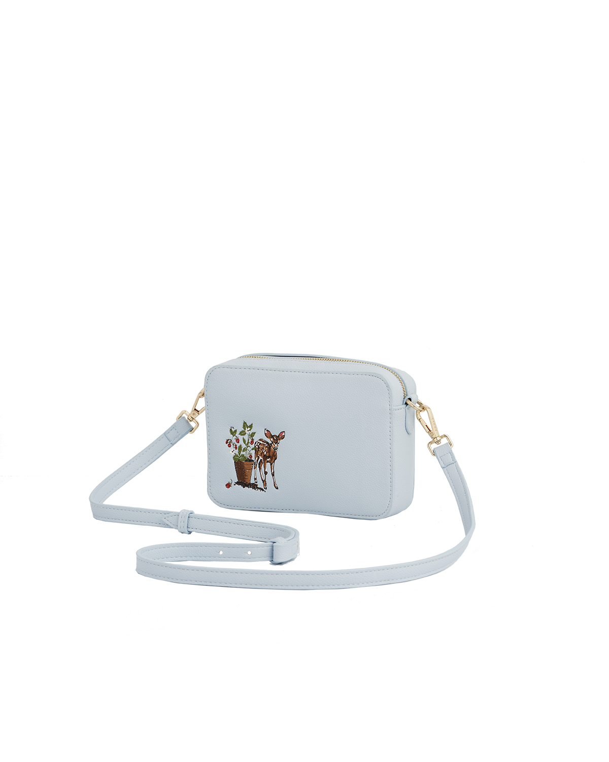Light blue crossbody bag with a small design on a white background