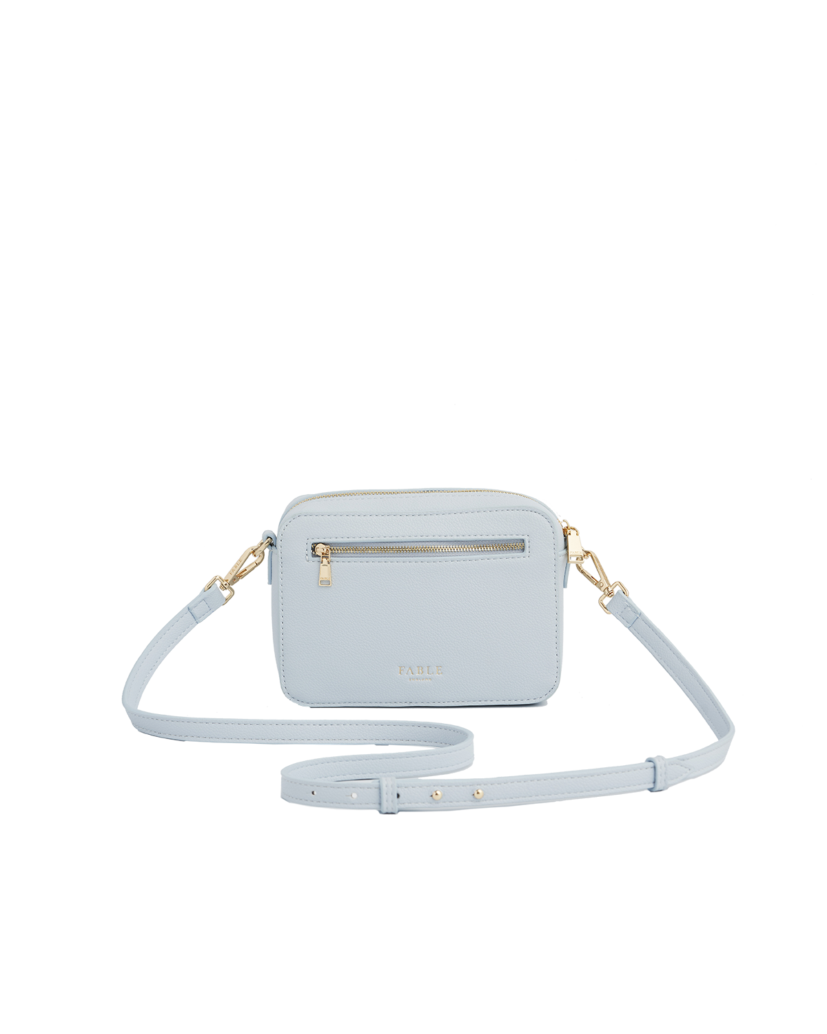 back of light blue crossbody bag with gold zipper pocket and strap
