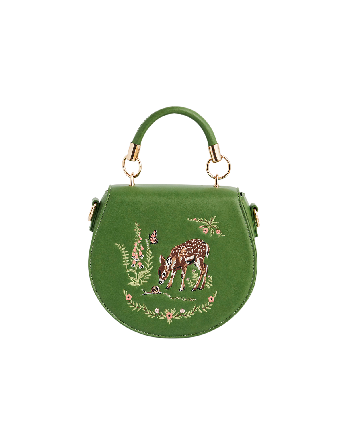 Green saddle back with handle and fawn and floral embroidery