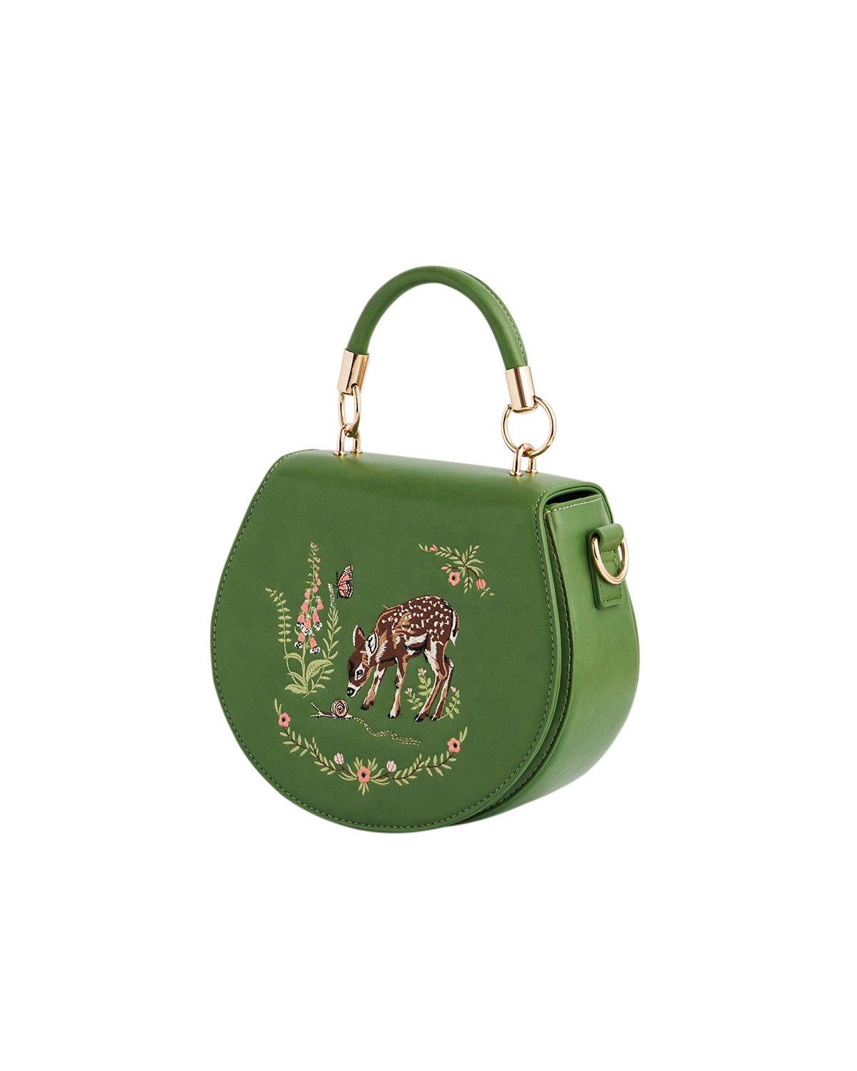 Green saddle bag with handle, embroidered fawn and floral design on white background