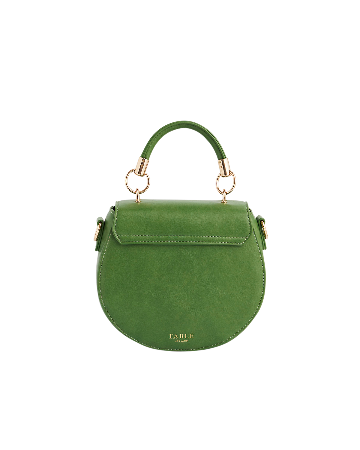 Green handbag with gold accents on a white background