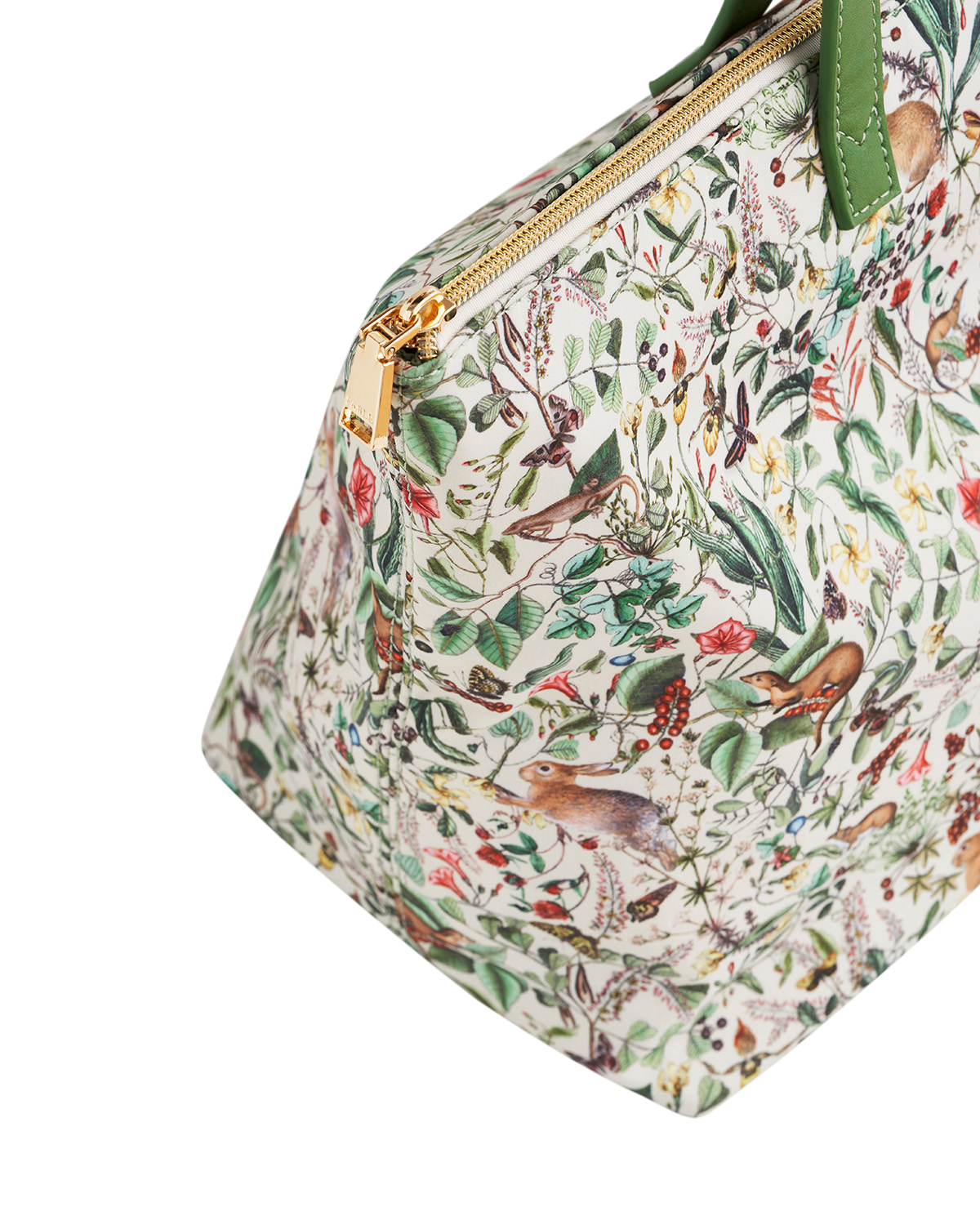 patterned bag with nature-themed pattern on a white background