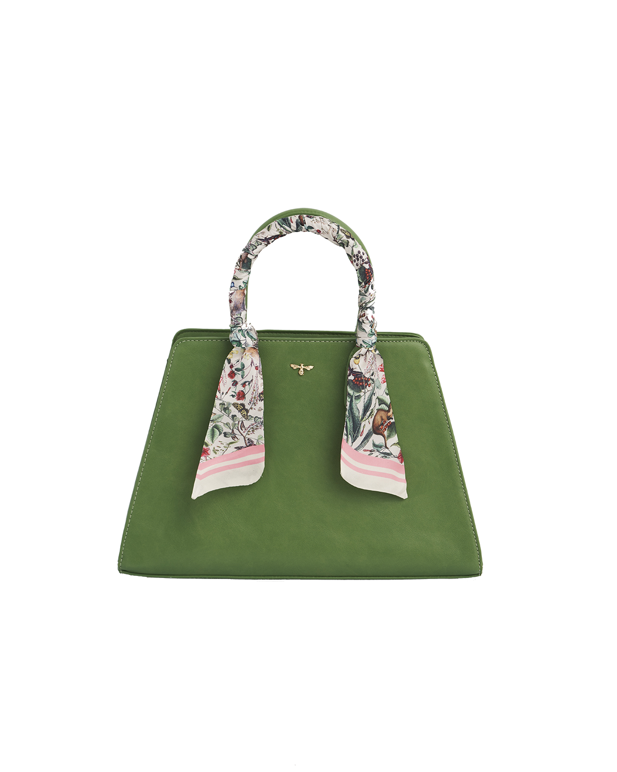 Green handbag with floral handle on a white background